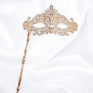 Rose Gold Masquerade Mask, Clear Crystal Masquerade Mask with Stick, Prom Mask